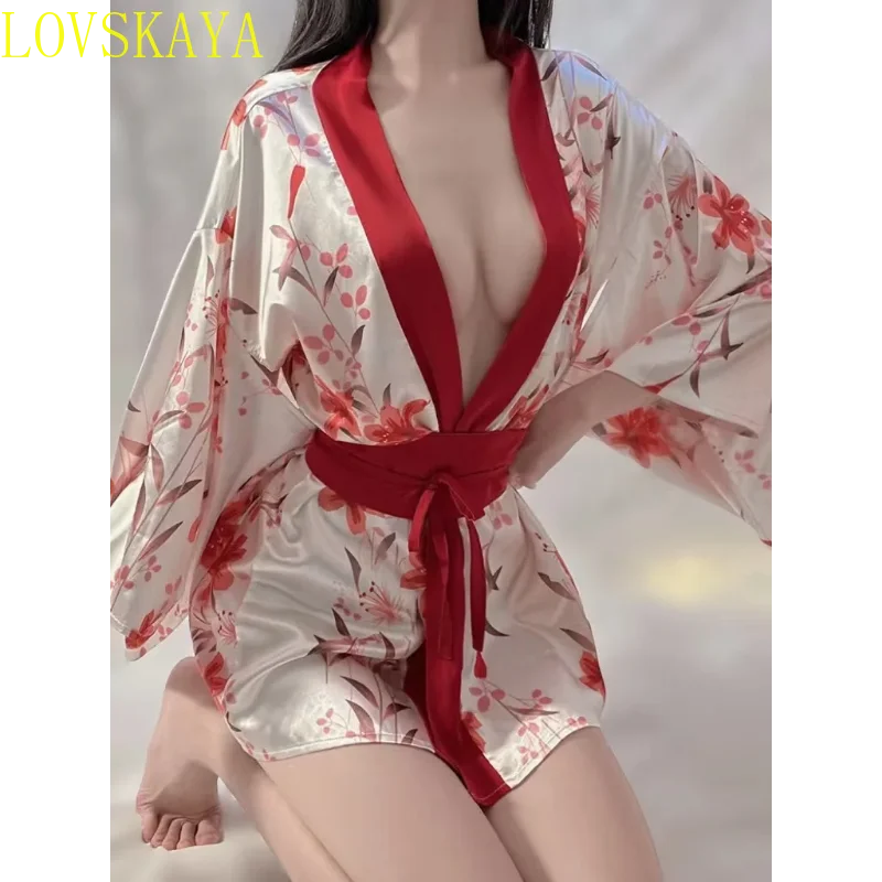 Japoniškas kimono seksualus moteriškas diržas surištas chalatas karšta pižama žemo kirpimo suknelė moteriška seksuali Yukata drabužių pižama mielas apatinio trikotažo komplektas