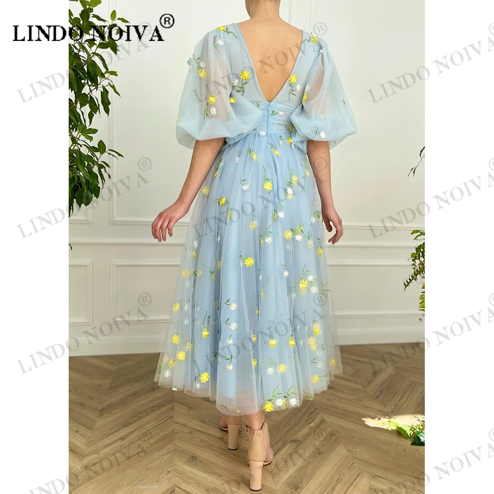 LINDO NOIVA Blue Tulle Deep V Neck Midi Prom suknelės 2023 Pusiau pūstomis rankovėmis siuvinėtos nėriniai Prom chalatai Vestuvinė suknelė