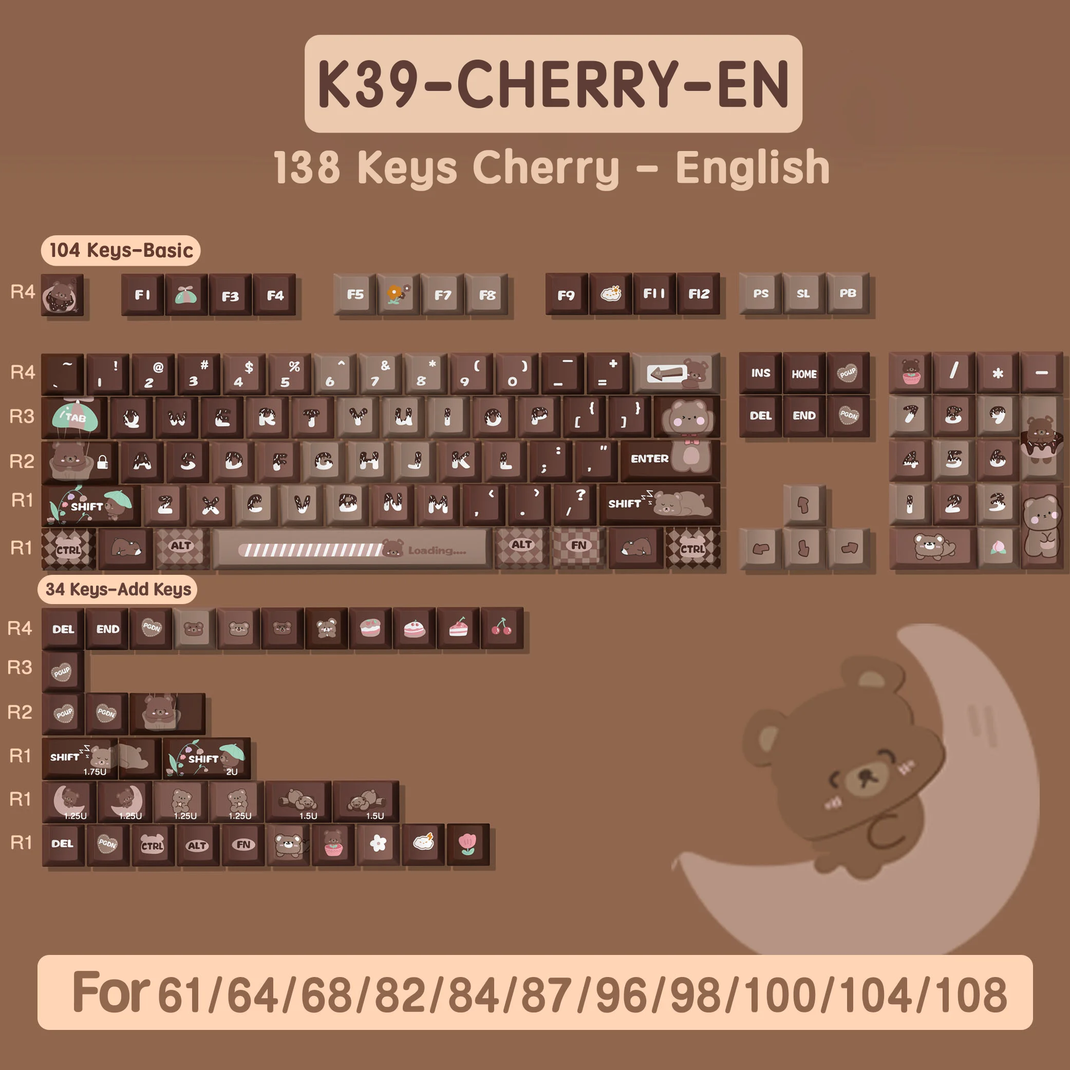 Lucky Bear PBT Keycaps Custom Set Key Caps PC Gamer žaidimų klaviatūra Anime Girl Keycap for Cherry MX mechaninė klaviatūra 138/158