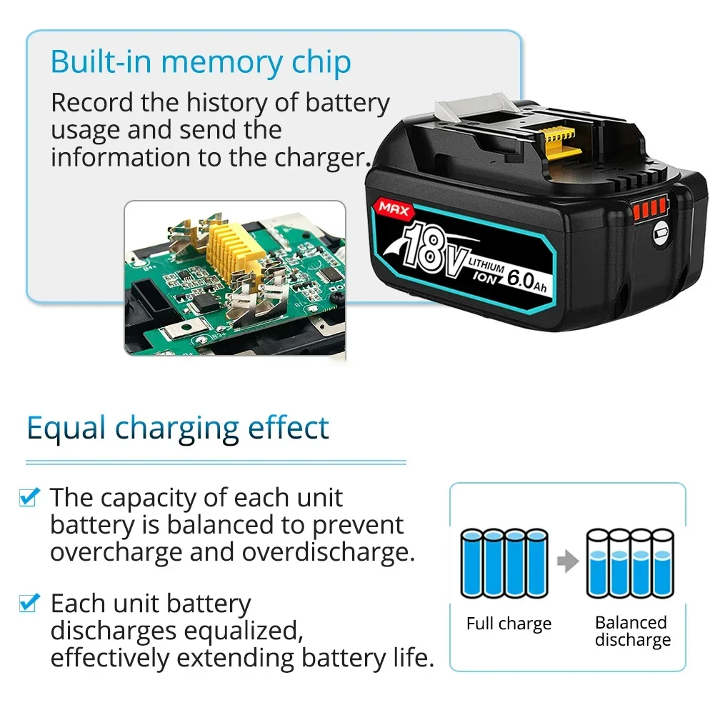 Makita 18V 6.0 8.0Ah įkraunama baterija Makita elektriniams įrankiams su LED ličio jonų pakeitimu LXT BL1860 1850 voltų 6000mAh