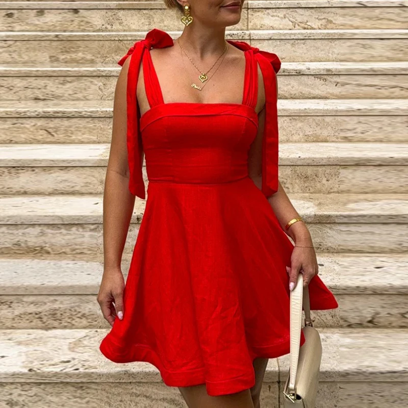 Moterų rašto atspaudas Kaklaraiščio peteliškės dirželis Mini suknelė Elegantiška kvadratinė apykaklė Karšta mergaitės suknelė 2024 Seksualios 