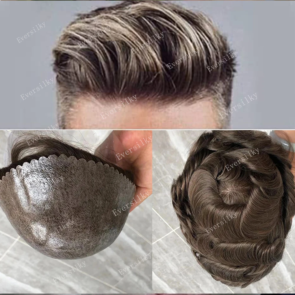Natural Hairline Microskin Men Toupee Super Patvarus žmogaus plaukų perukas Plona oda pilna PU sistema 1b40 1B80 Juodas kapiliarinis protezas