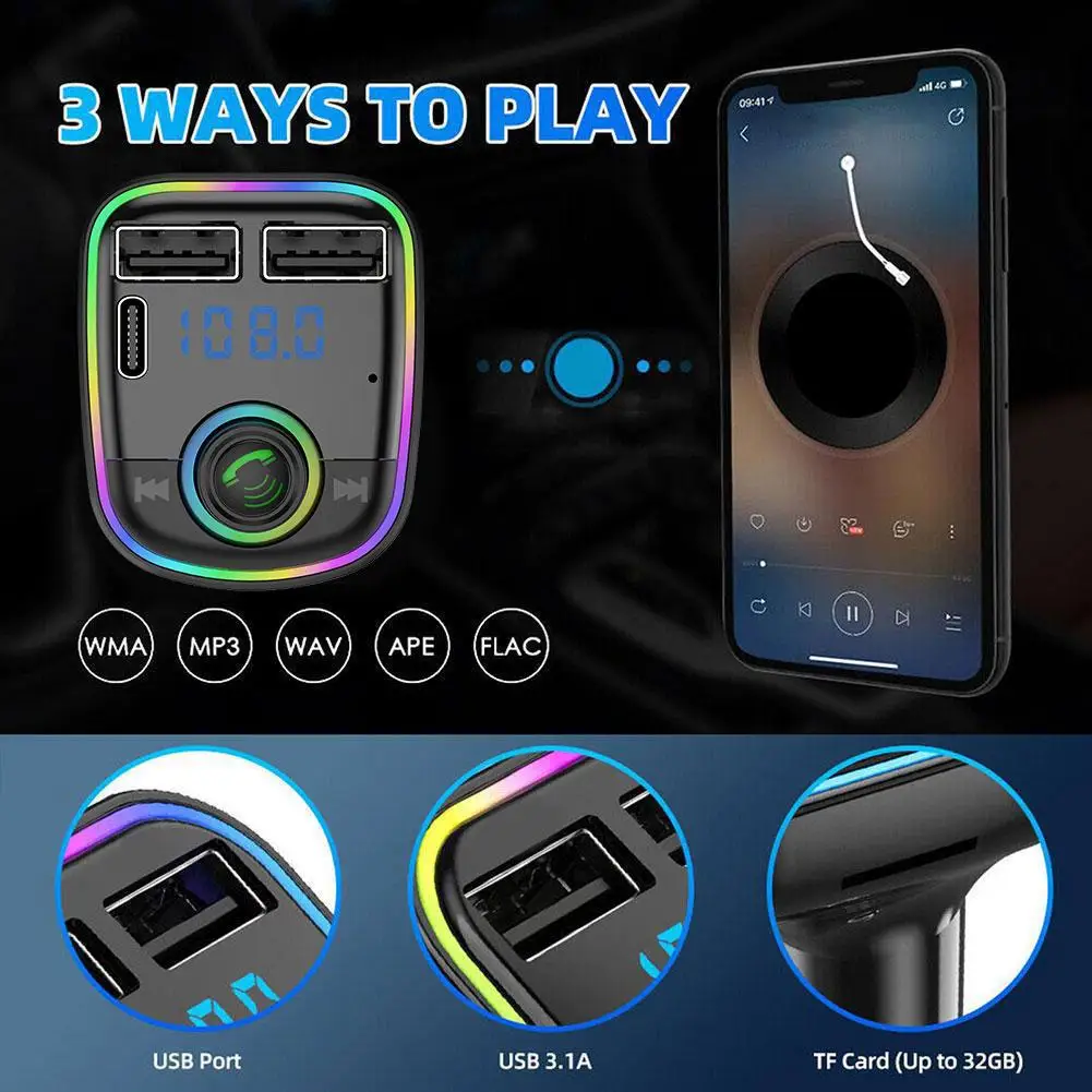 Naujas FM siųstuvas Automobilinis Bluetooth 5.0 C tipo dvigubas USB greitas spalvingas laisvų rankų įrangos MP3 grotuvas Aplinkos įkroviklio adapteris 3.1A Šviesa