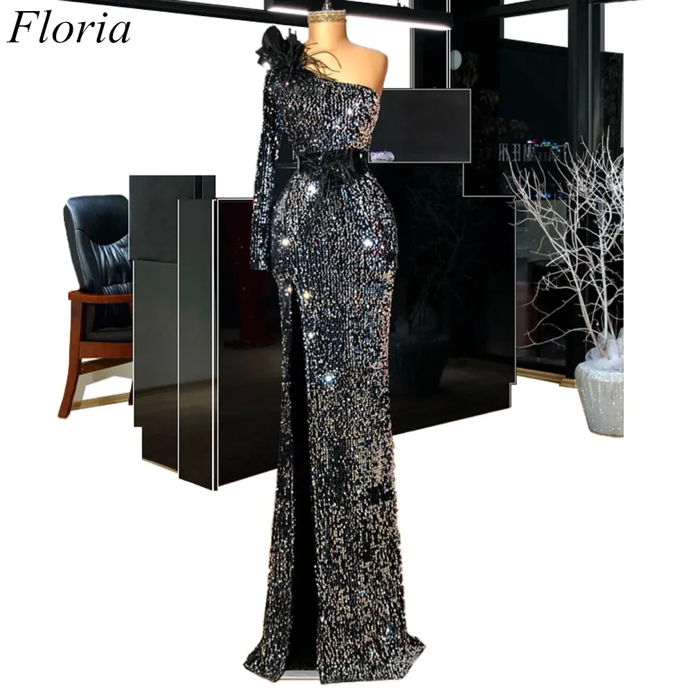 New Arrival Glitter Middle East Oficialios vakarinės suknelės 2019 m. Ilga undinėlė Vieno peties prom suknelė su Savarčia Dubajaus vakarėlio chalatai