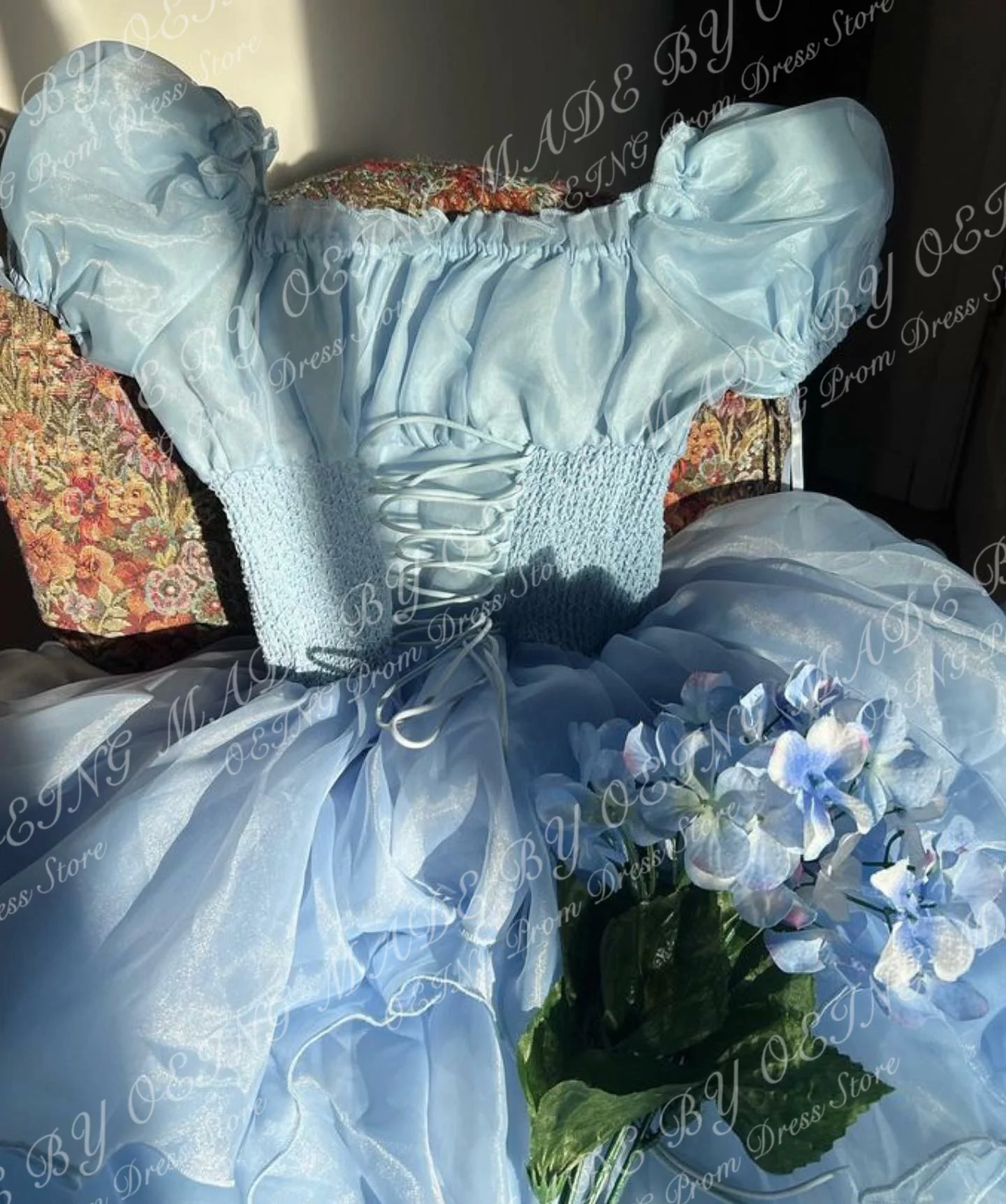 OEING Fairy Long Evening Dresses Princess Ruched Ruffles Organza Prom Suknelės Pūstomis rankovėmis Oficiali grindų ilgio išleistuvių suknelė