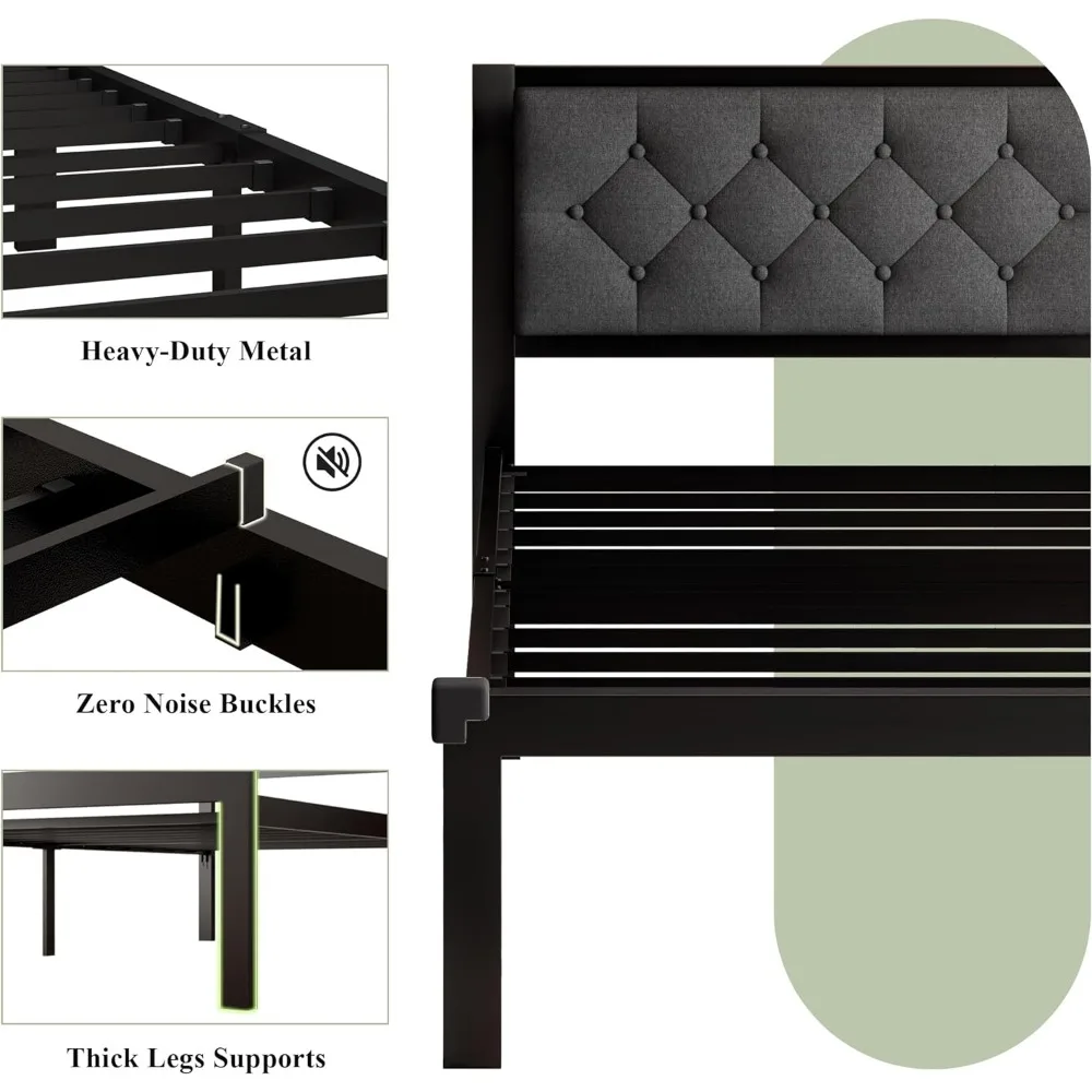Sofa Lovos pagrindas ir rėmas Dviejų dydžių metalinis lovos rėmas su linu Apmuštas galvūgalio čiužiniai Plieniniai skersiniai palaiko pilką dieninę lovą