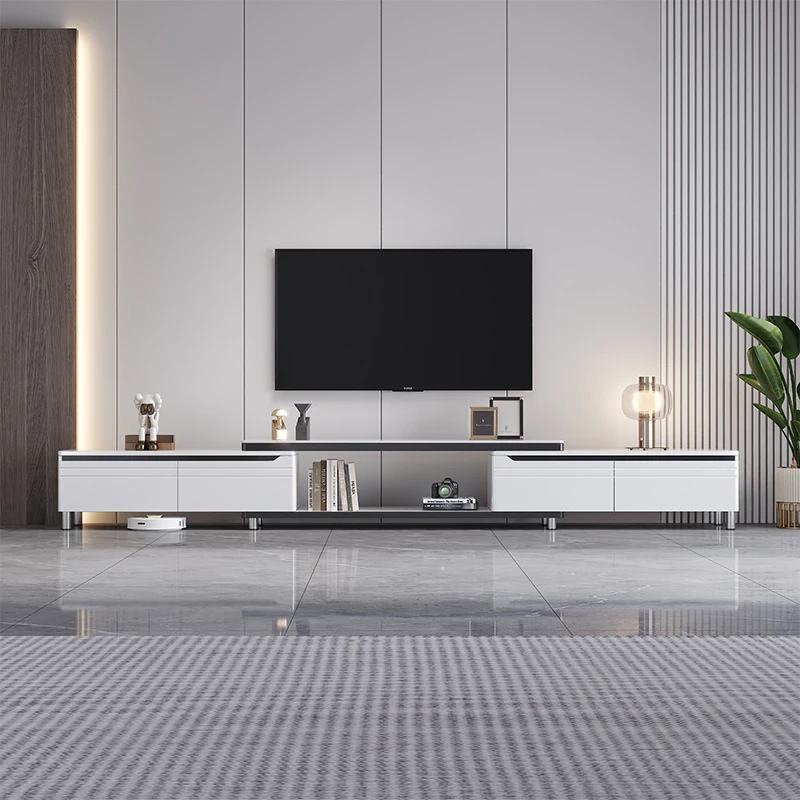 TV spintelė, moderni ir minimalistinė svetainė, buitinė daiktadėžė, integruota tv spintelė nuo grindų iki lubų, kavos staliukas