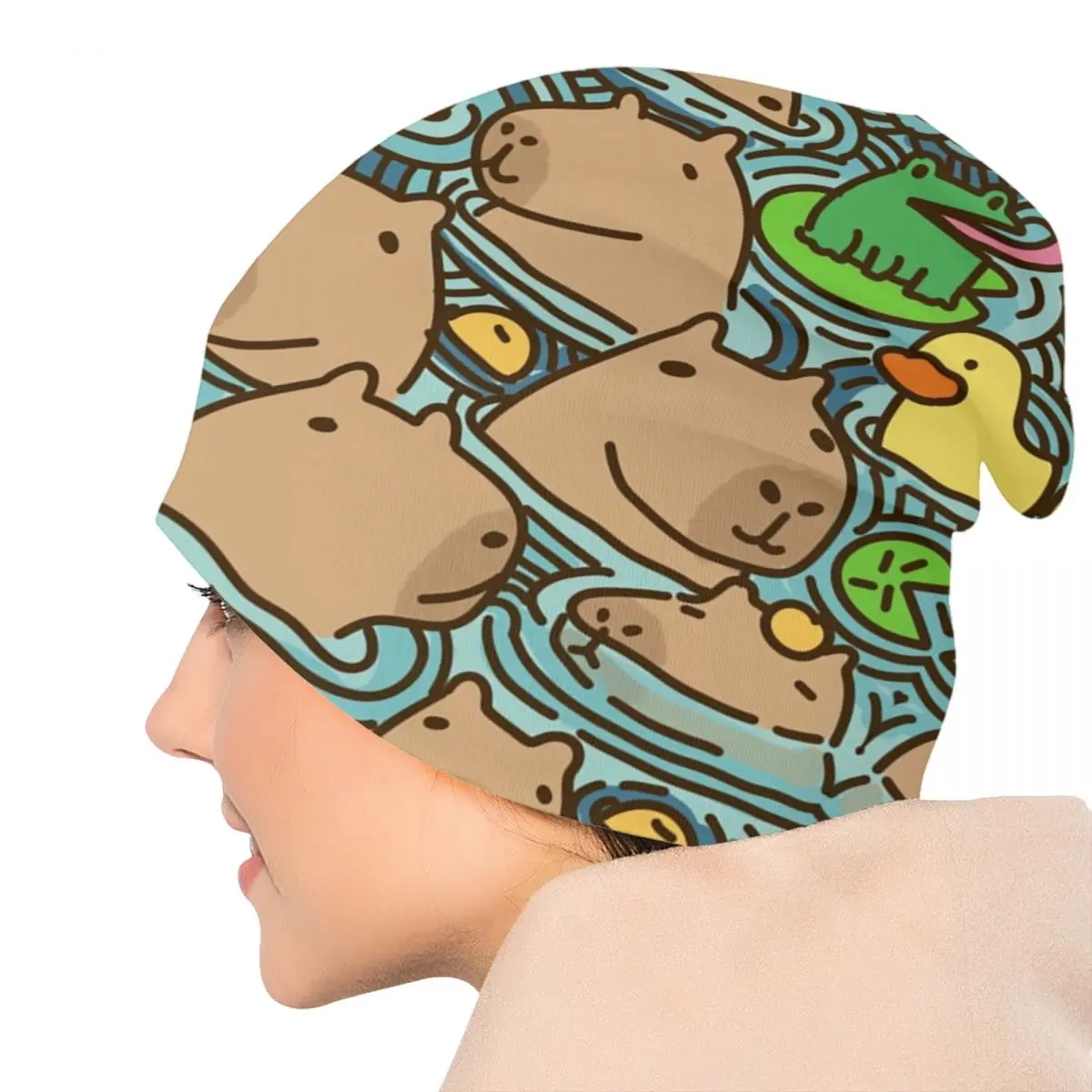 Tvenkinys pilnas Capybara Beanie Cap Unisex Winter Warm Bonnet Femme Megztos skrybėlės Mada Lauko kaukolės Beanies Skrybėlės Vyrai Moterys