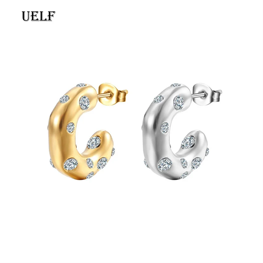 UELF Bohemijos krištolo ausies rankogaliai moterims Mergaitė Balta spalva Sukraunamas C formos kalnų krištolas Earcuffs Clip auskarai Aukso spalva