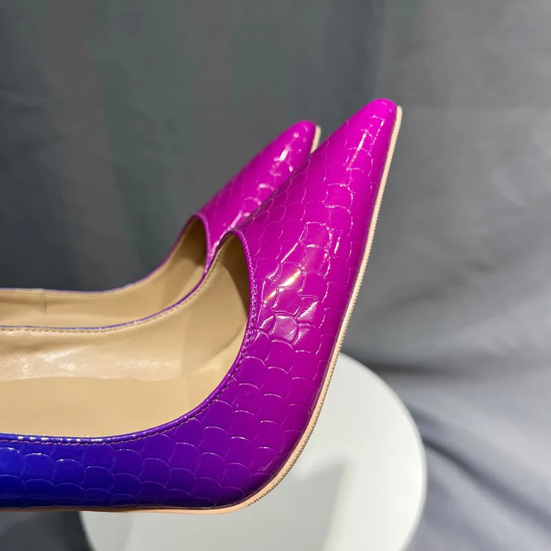 Veowalk gradient Blue Rose Pink Croco-Effect Women Pointy Toe Fashion High Heel Shoes Sexy Slip On Stiletto Pumps Size 3-12.5