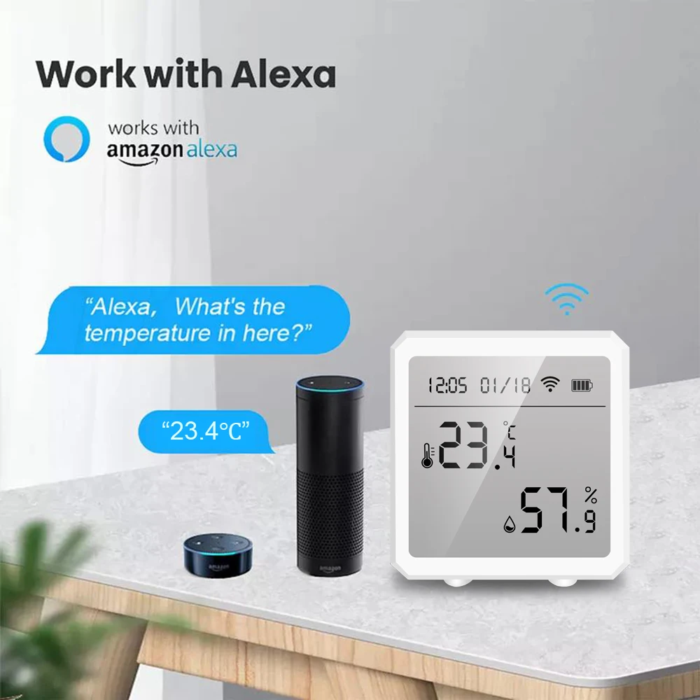 WIFI temperatūros ir drėgmės jutiklis Vidinis Tuya išmanusis higrometras Termometras su LCD ekranu Alexa Google Assistant