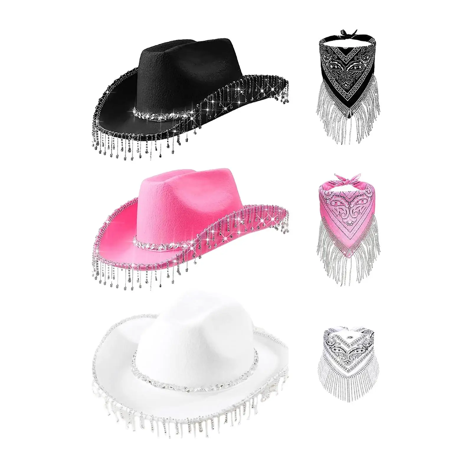 Western Cowboy Hat and Bandana Sunhat Rhinestone Fringe Hat Wide Brim Cap Cowgirl Hat for Women Role Play Bridal Travel Wedding
