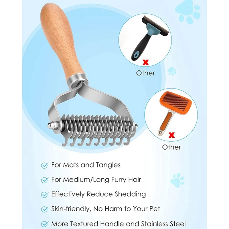 naminių gyvūnėlių priežiūros šepetys, 2 pusių apatinio sluoksnio grėblys šunims ir katėms, saugus dematinis šukavimas ir deshedding įrankis matiniams plaukams / raizginiams