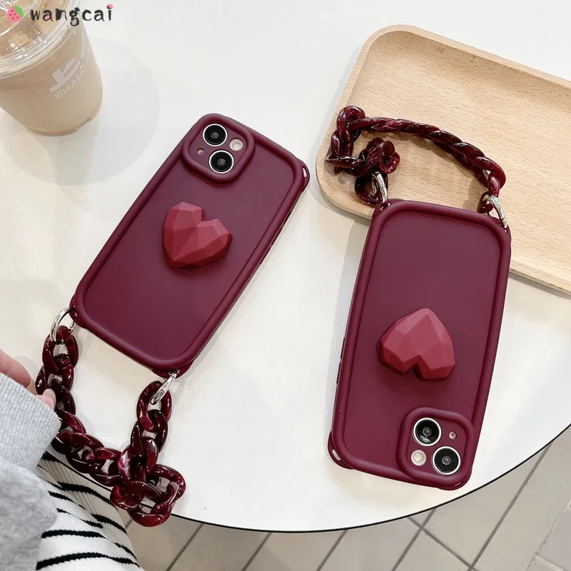 skirta iPhone 15 14 13 12 11 Pro XS Max XR x 7 8 Plus telefono dėklas su 3D stereo Love Heart Wine Red Lanyard dirželio minkštu dangteliu