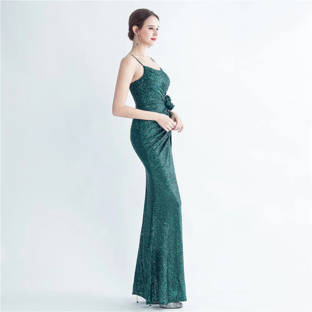 Žavingi žali blizgučiai Vakarinė suknelė Naujo dizaino aukštos skaldytos spagečių dirželiai Undinės vakarėlio chalatai Moterims Gimtadienis Sandėlyje