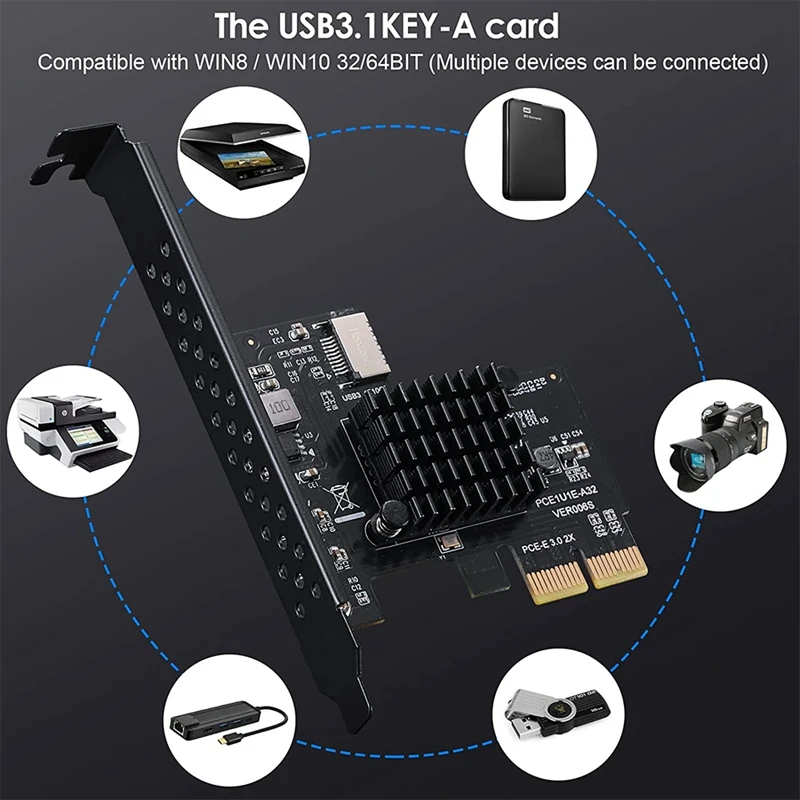 2X PCI-E 2X į USB3.1 A-Key Gen2 priekinė E tipo išplėtimo kortelė, 10Gbps E tipo 20 kontaktų priekinio skydelio jungties stovo kortelė