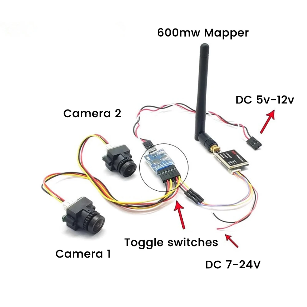 3 kanalų vaizdo perjungiklio modulis 3 krypčių vaizdo perjungimo blokas FPV kamera multicopter dronams 5.8G FPV siųstuvas ir kamera