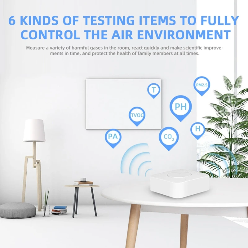 6 In 1 oro kokybės monitorius Tuya Wifi Smart Air Housekeeper PM2.5/Formaldehidas/LOJ/CO2/Temperatūros/drėgmės detektorius