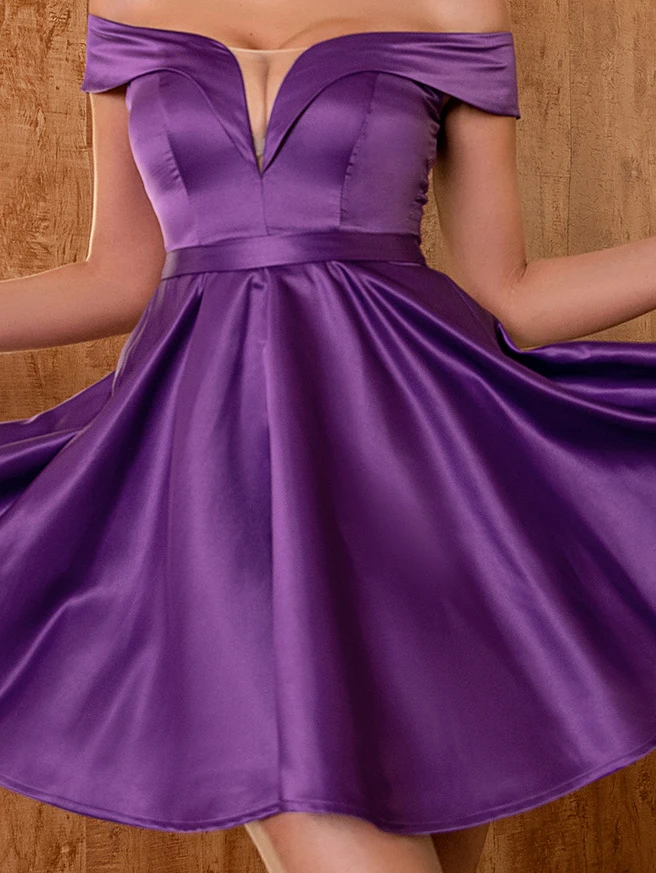 Angel-fashions Women's Off Shoulder Splicing Tulle A-Line Satin Ruffles Short Prom Dress Skater Party Gown 959 Purple