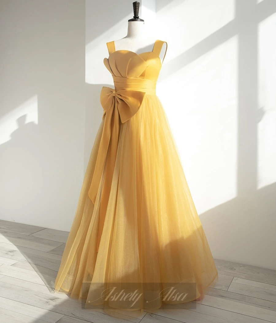 Ashely Alsa Real Picture Gold Yellow Formal Evening Dress Ruched Bow A Line Long Women Prom Wedding Party Dresses Homecoming