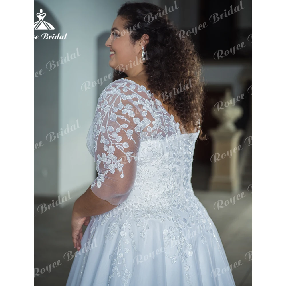 Boho V-Neck plius dydžio vestuvinės suknelės nuotakai trijų ketvirčių rankovėmis A linijos nuotakos suknelė Nėriniuotos aplikacijos šlavimo traukinio chalatas De Mariée