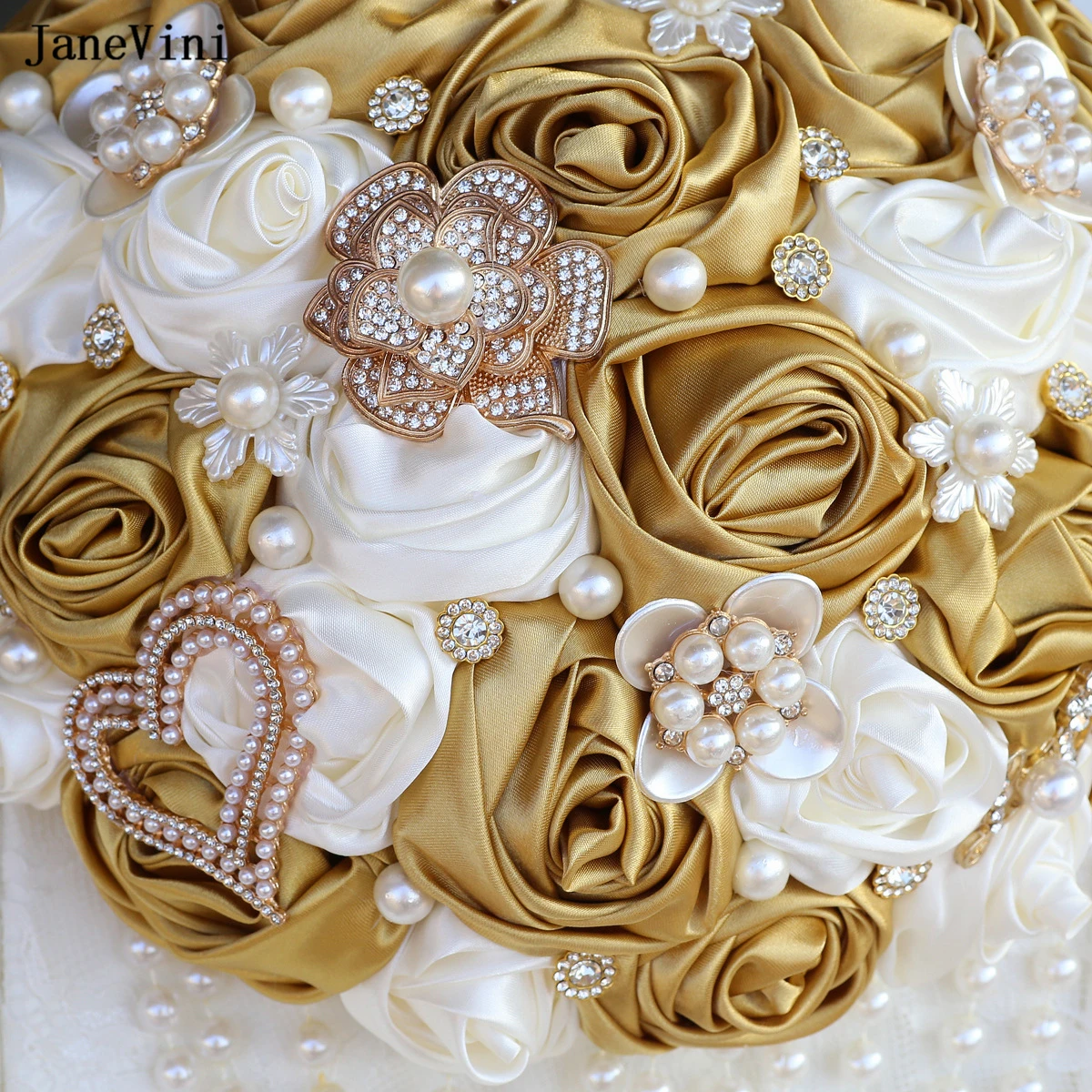 JaneVini Luxury Light Gold Ivory Flowers Bridal Saugh Bouquets Pearls Artificial Satin Roses Rhinestone Papuošalai Vestuvių puokštė