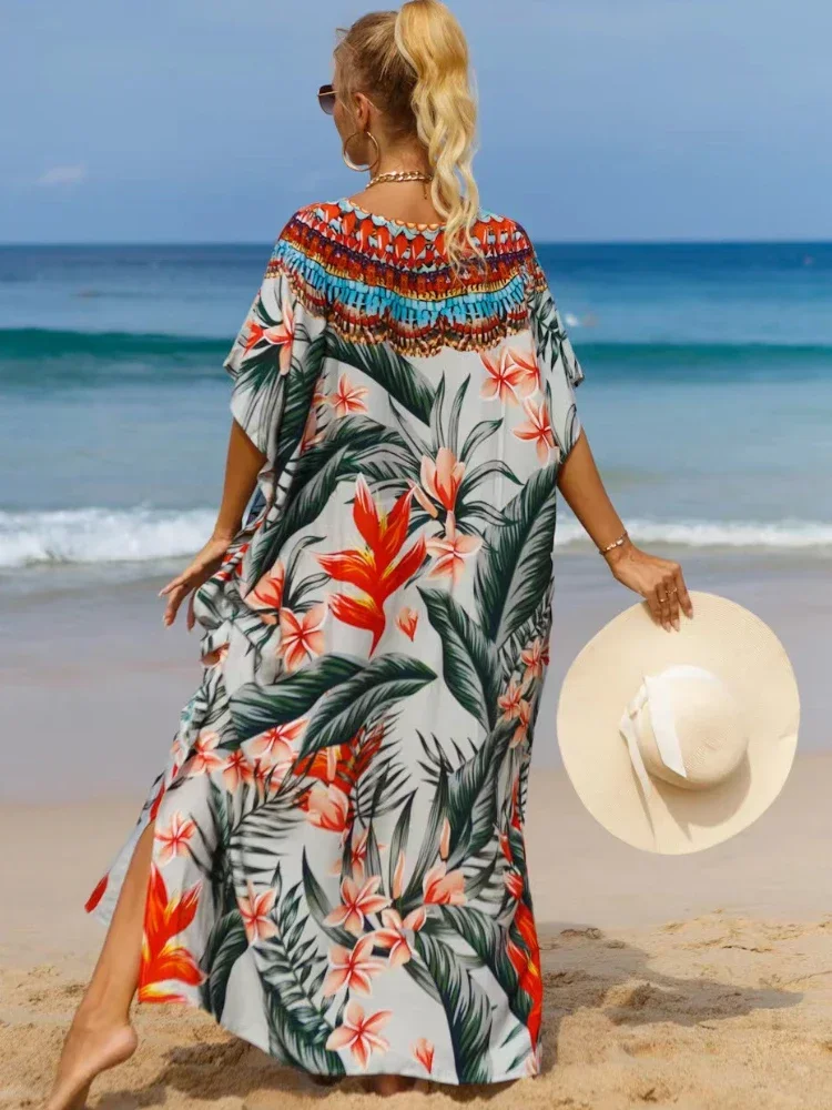 Kaftan suknelės Tropiniai spausdinti maudymosi kostiumėlių viršeliai Moterys Elegantiškas Maxi chalatas Atostogų maudymosi kostiumai Dropshipping Karštas pardavimas