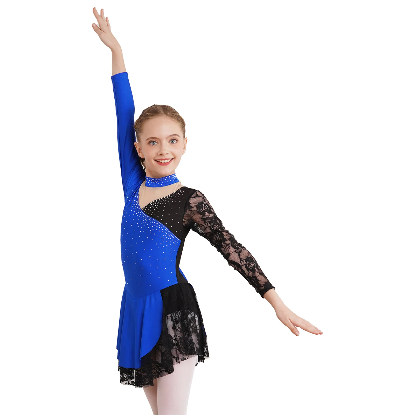 Mergaičių gimnastika Leotard Balerina Tutu Dailiojo čiuožimo kostiumas Sparkly Rhinestones ilgomis rankovėmis Nėrinių baleto lyrinio šokio suknelė