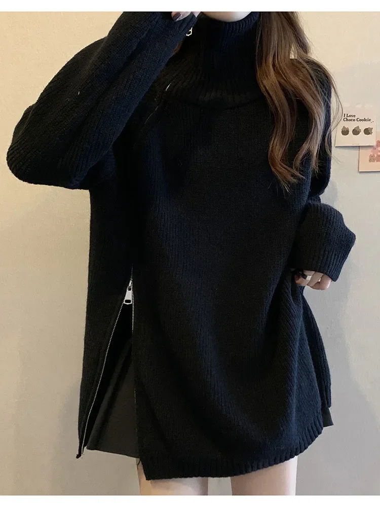 Moteriški rudens megztiniai Korėjietiška versija Tingus stilius Laisvas šoninis užtrauktukas Megztinis aukštu kaklu Vidutinio ilgio megztinis ilgomis rankovėmis D5319