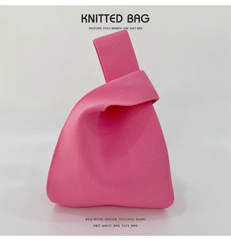 Nišinis dizainas Saldainių spalva Paprasta megzta rankinė Minimalistinė moteriška mini mazgo riešo krepšys Japoniškas tote krepšys Laisvalaikio pirkinių krepšiai