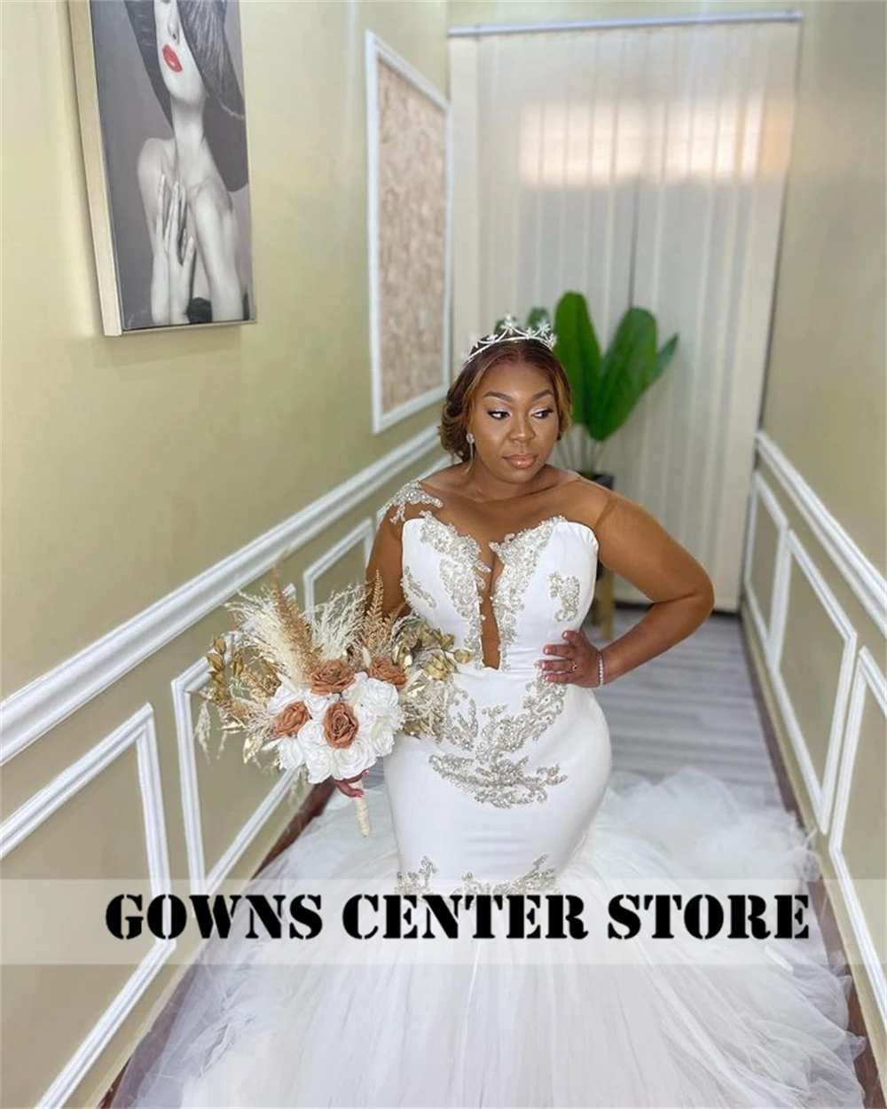 Pagal užsakymą sukurta Afrikos baltoji undinėlė vestuvinė suknelė ilgomis rankovėmis moterims 2023 Nuotakos šviesaus aukso aplikacijos Nuotakos suknelės Tiulio traukinys