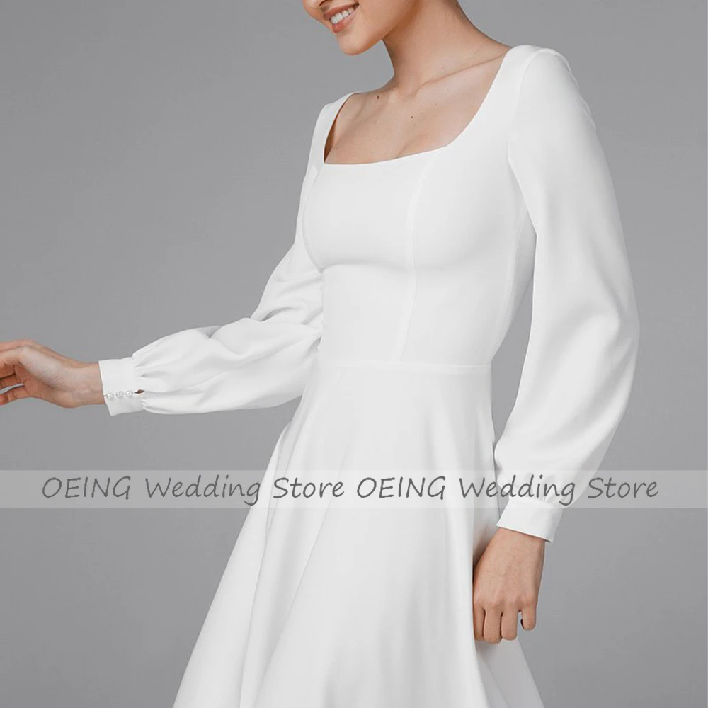 Paprastos trumpos vestuvinės suknelės Baltos ilgos rankovės A Line Tea Lenath vestuvinė suknelė moterims Nuotakos kvadratinė apykaklė Midi nuotakos suknelė