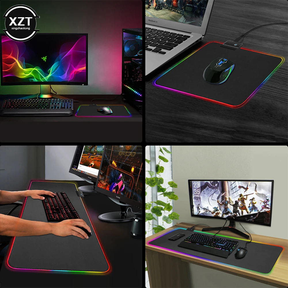 RGB šviečiantis žaidimų pelės kilimėlis spalvingas negabaritinis švytintis USB LED prailgintas apšviestas klaviatūra PU neslystanti antklodė Didelis kilimėlis