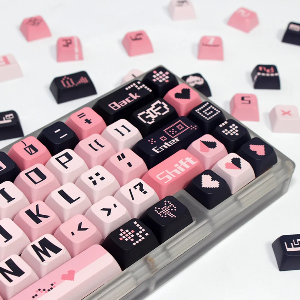 USLION 131 klavišai XDA profilio klavišų dangteliai Juodos rožinės spalvos Meilės tema PBT sublimacija Personalizuoti mechaninės klaviatūros klavišų dangteliai