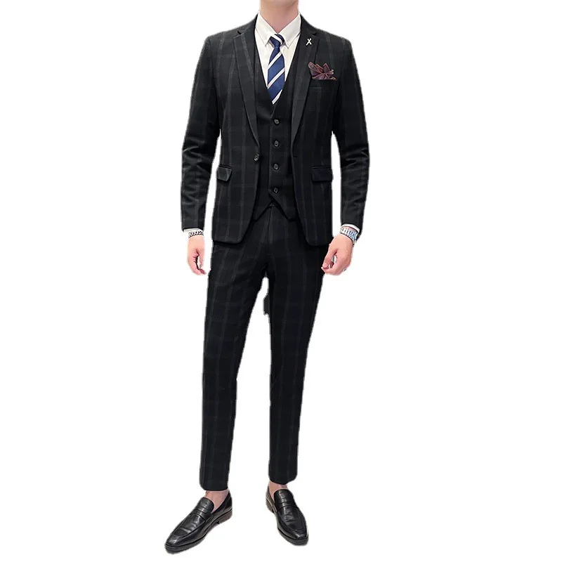 Vyriškas kostiumas (Blazer+Vest+Pant) Anglijos stiliaus pledas Juoda pilka vestuvinė suknelė verslo banketas Elegantiškas švarko paltas Vyriškas 3 dalių komplektas