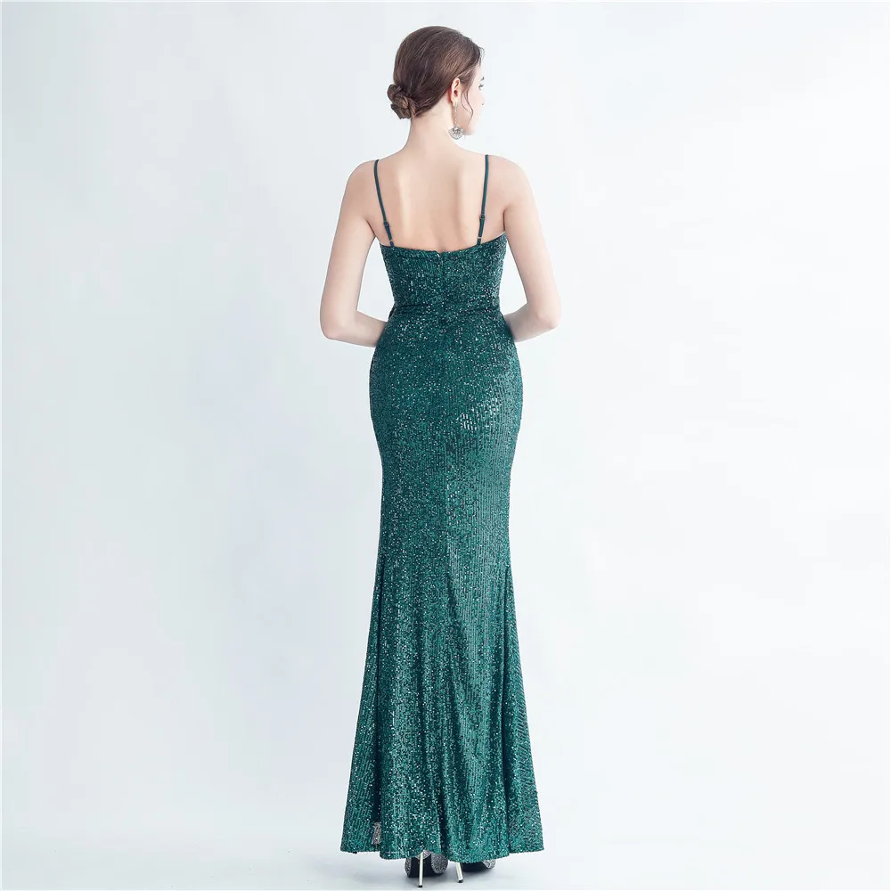 Žavingi žali blizgučiai Vakarinė suknelė Naujo dizaino aukštos skaldytos spagečių dirželiai Undinės vakarėlio chalatai Moterims Gimtadienis Sandėlyje