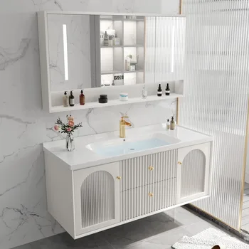 Ąžuolinė vonios spintelė Keraminė visa plautuvė Medžio masyvo paprastumas Modernus prancūziškas vonios kambario stalo plovimo baseino spintelių derinys