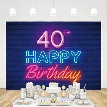 Švytinčios neoninės šviesos Laimingas 40-asis gimtadienis Fono reklamjuostė Juoda spalvinga nuotrauka Fonas Vakarėlio dekoravimas vyrams Moterų stendo rekvizitai