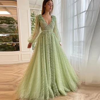 Žalios nėrinių aplikacijos Vakarinė suknelė Gili V formos kaklo ilga pūsta rankovė Blizgučiai 3D gėlėta oficiali suknelė A-Line vakarėlio suknelės
