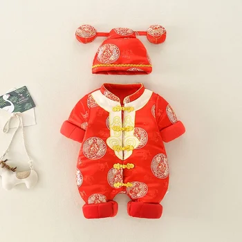 Žiemos naujagimis Raudonas Fu žodžių spausdinimas Romper Tang kostiumas Pliušinis storas romperis Kinų Naujieji metai Laimingas drabužis Berniukas Mergaitė su skrybėle